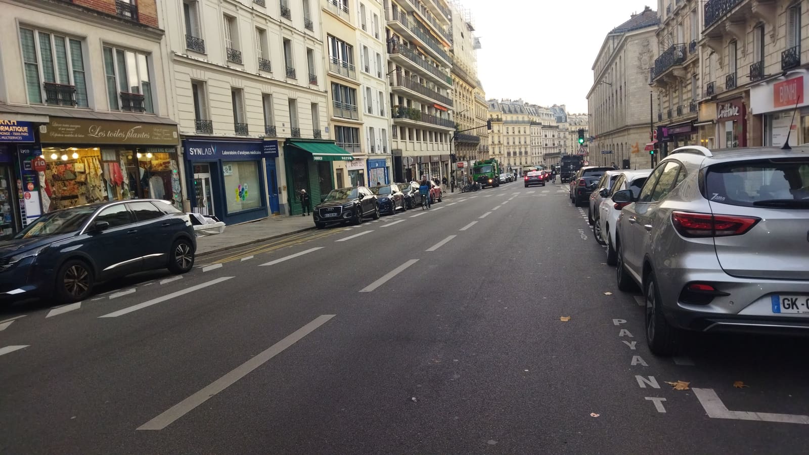 Rue parisienne avec marquage au sol « PAYANT » et voitures stationnées