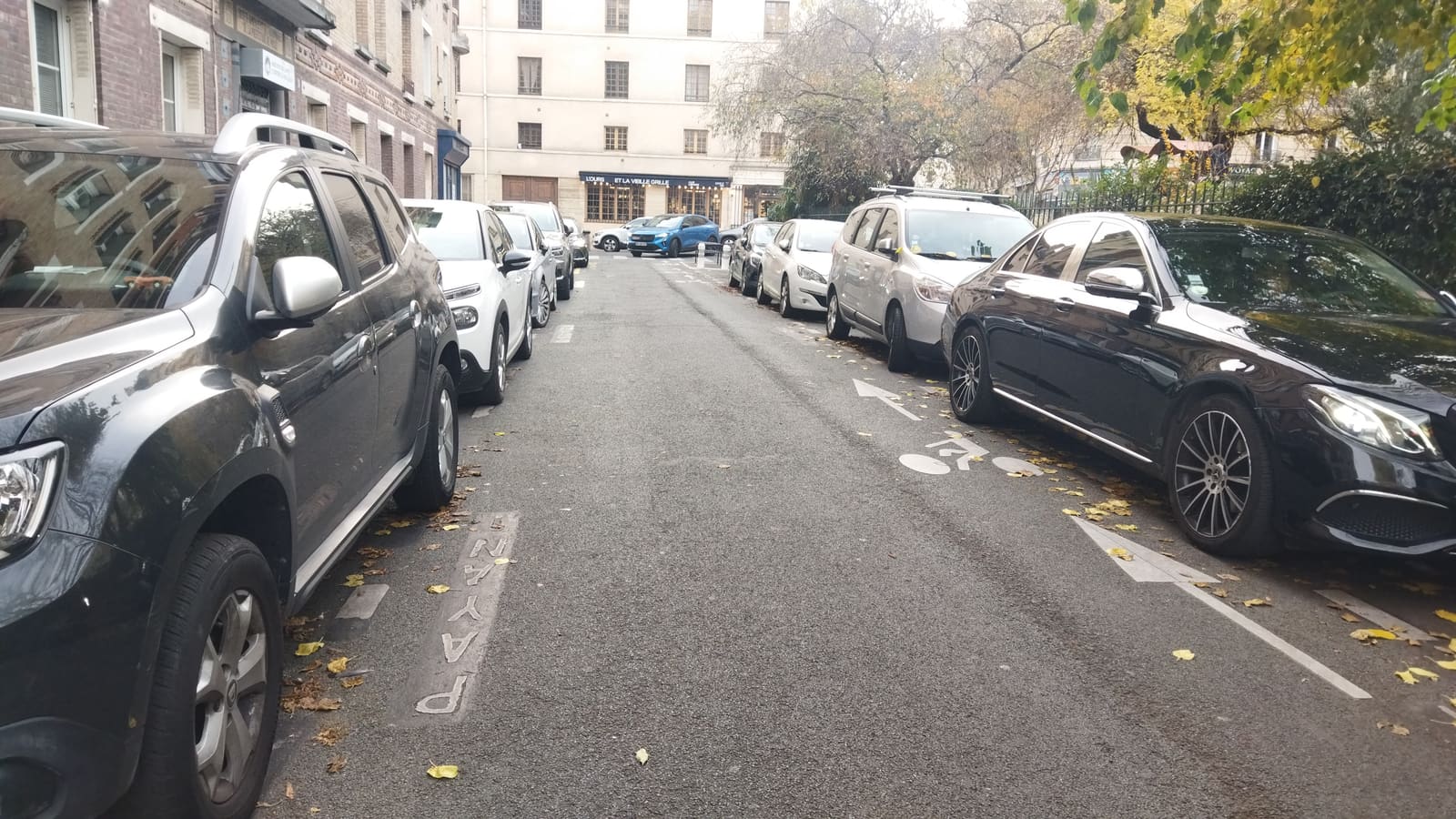 Voitures stationnées des deux côtés d'une rue à sens unique à Paris
